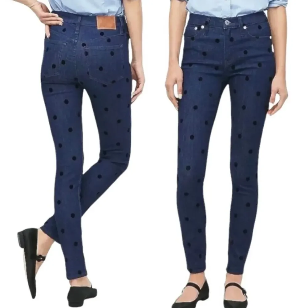 J CREW 9 in High Rise Toothpick Ankle Crop Jeans Dark Wash Black Velvet Dots 29